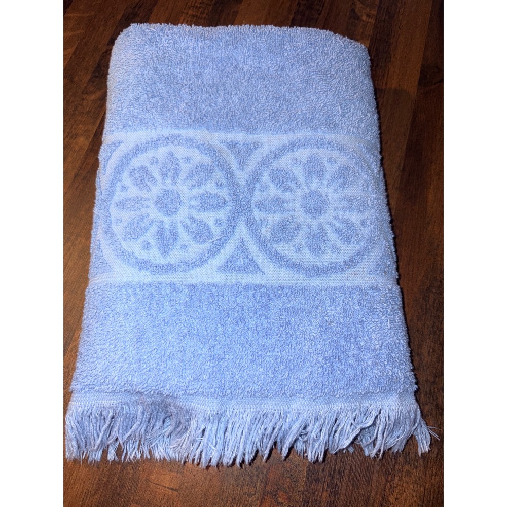 Vintage Stevens Blue Cotton Bath Towel Floral Medallion Fringe Made in USA 42x23